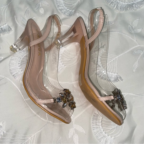 Clear/Beige Slingback Peep Toe “Cinderella” Heels - Picture 4 of 7